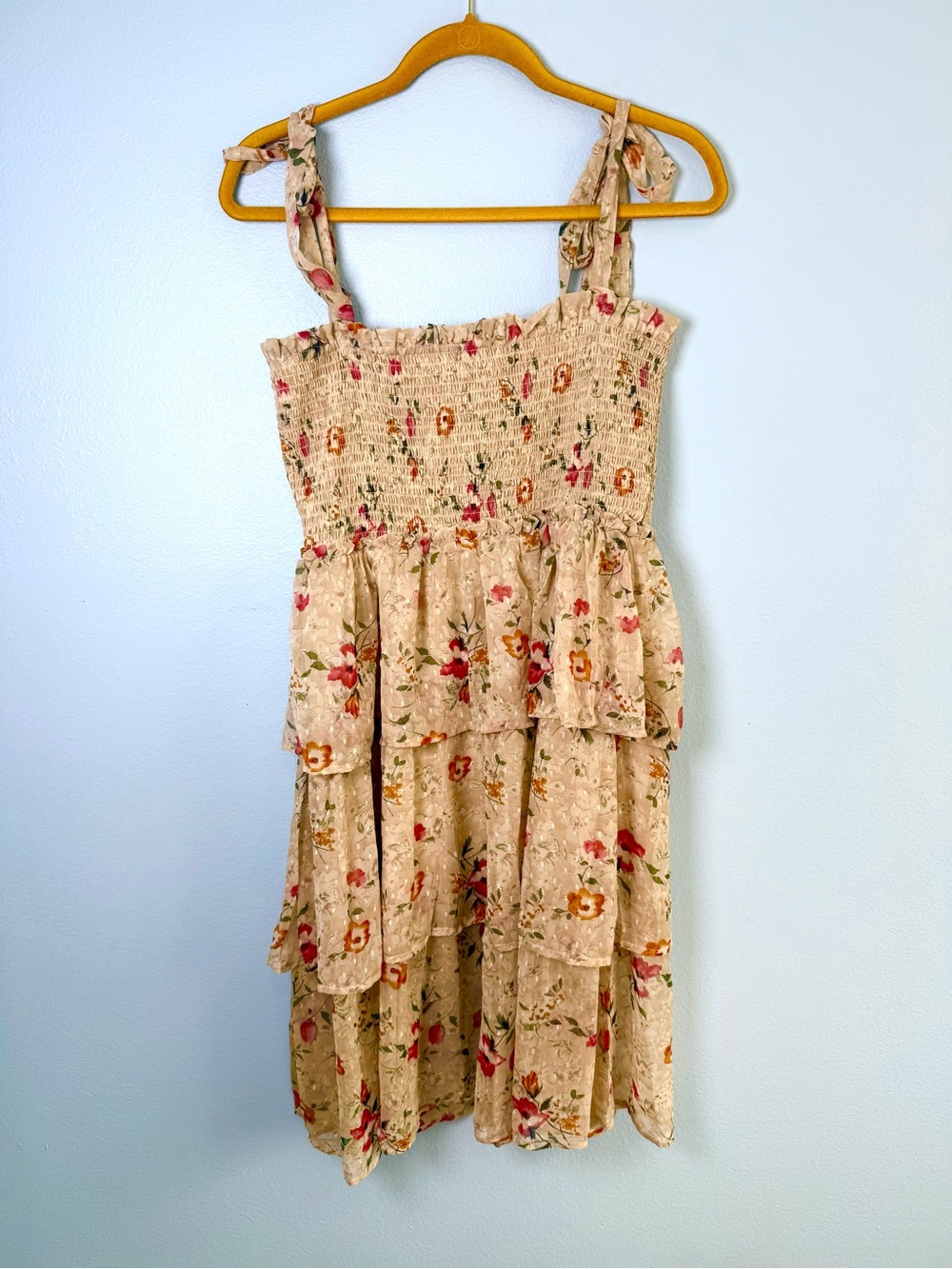 Smocked Floral Tiered Midi Dress - Beige Floral